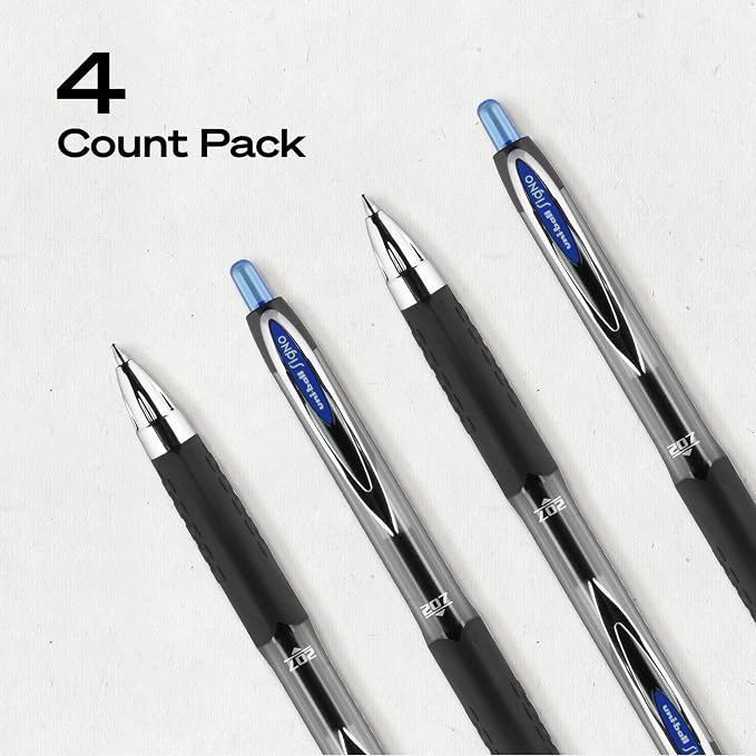 uniball™ 207 Gel Pens, Blue Ink, 0.7mm Medium Point, Retractable, 4 Count, Smooth Writing, Fraud-Resistant, uni Super Ink™