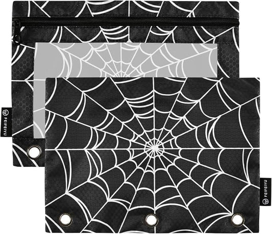 Goth Spider Web Pencil Pouches for 3 Ring Binder 2 Pack | Binder Pencil Case With Zipper Reinforced GrommetsPencil Bags for Office Organizers