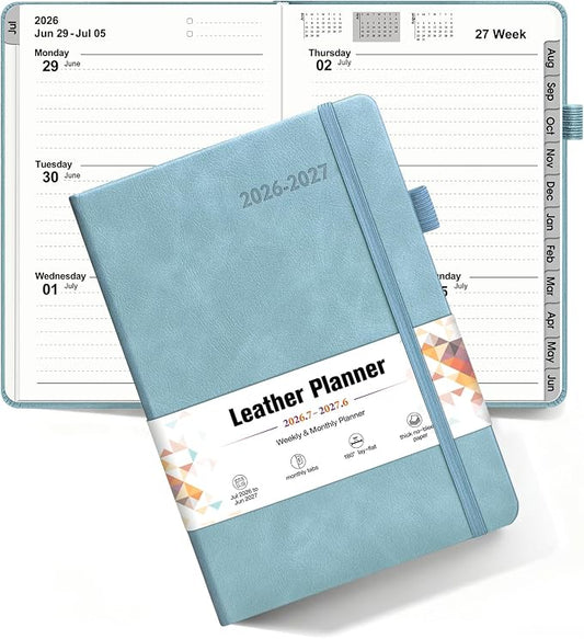 Planner 2026-2027, Academic Weekly and Monthly Calendar Planner from July 2026 - June 2027, Hardcover Leather Daily Agenda Book with Tabs, College School Organizer for Student Teacher, A5 (5.75" x 8.38"), Blue