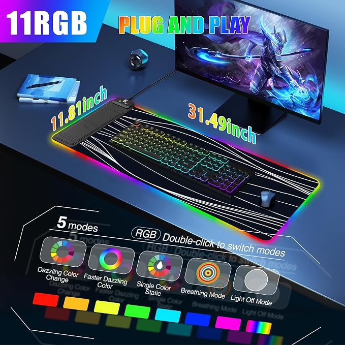 RGB Mouse Pad with Foldable Phone Stand Wireless Charger, 31.5"x11.8" XL Gaming Mousepad Large Desk Mat, Desk Pad with 11 Colors 5 Modes, Waterproof