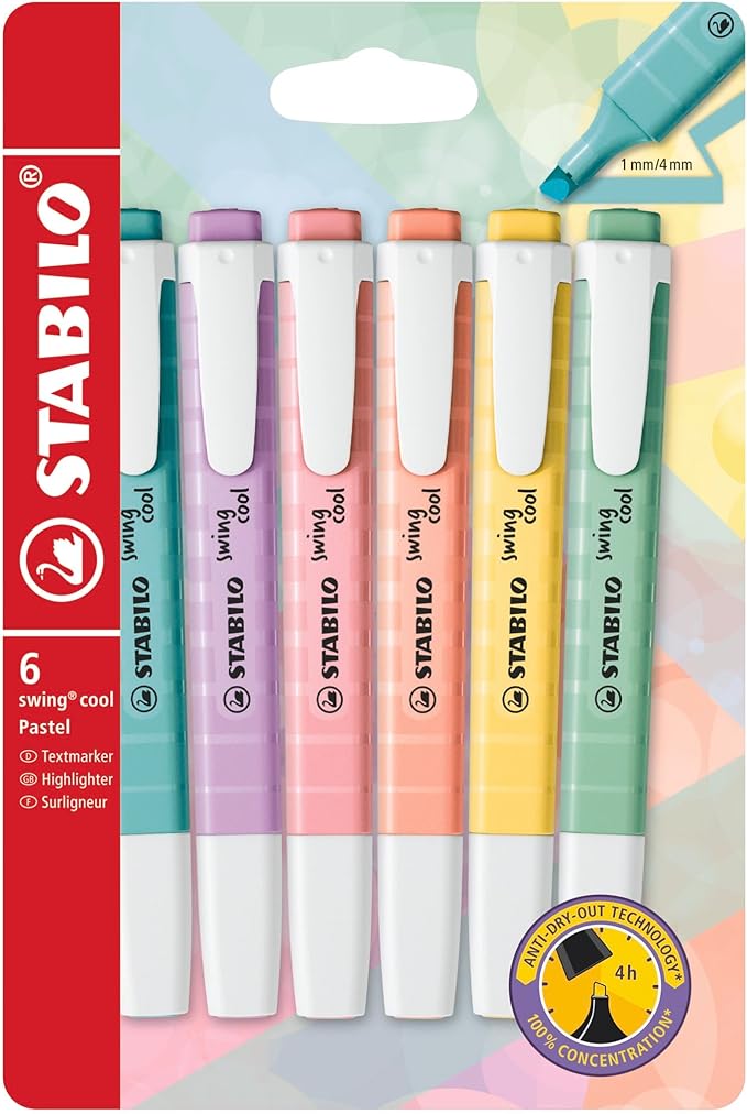 STABILO - swing cool Pastel - Highlighter - Pack of 6 - Assorted colors