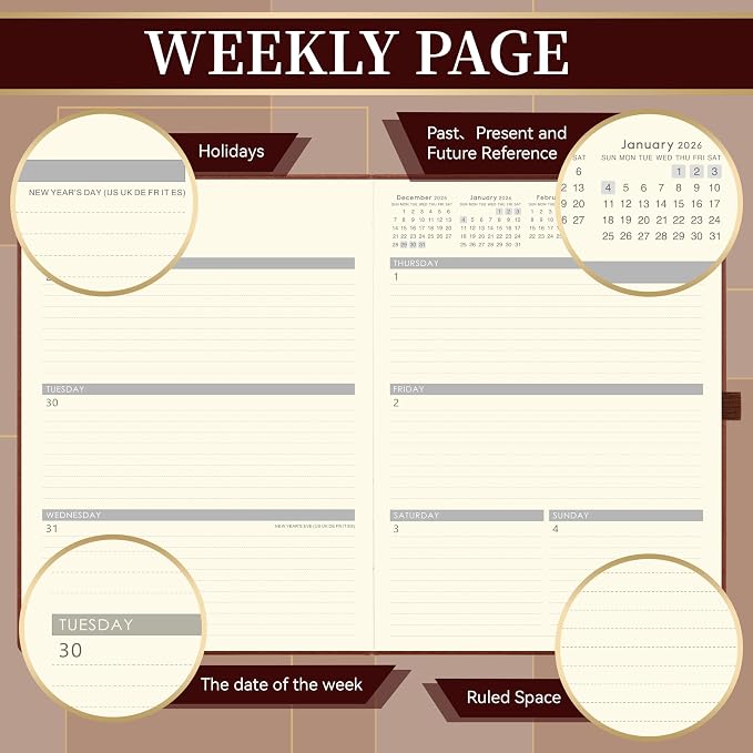 Vondafe 2026 Planner - Weekly and Monthly Planner 2026, Jan.2026 - Dec.2026, 9" x 11", 2026 Calendar Planner with Inner Pocket + Elastic Closure + Pen Loop + Bookmarks, Leather Hardcover - Brown