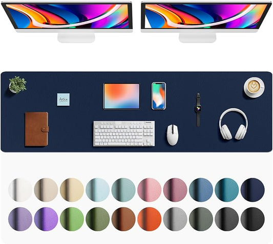 Aothia Faux Leather Desk Mat - Large Mouse Pad, Non-Slip PU Leather Blotter, Waterproof Writing Surface for Office and Home (Dark Blue, 63" x 17")