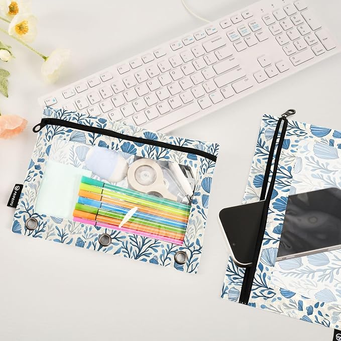 Blue Scallop Seaweed Nautical Coastal Pencil Pouch for 3 Ring Binder 2 Pack Zipper Binder Pencil Bag Case with Clear Window Office School Supplies