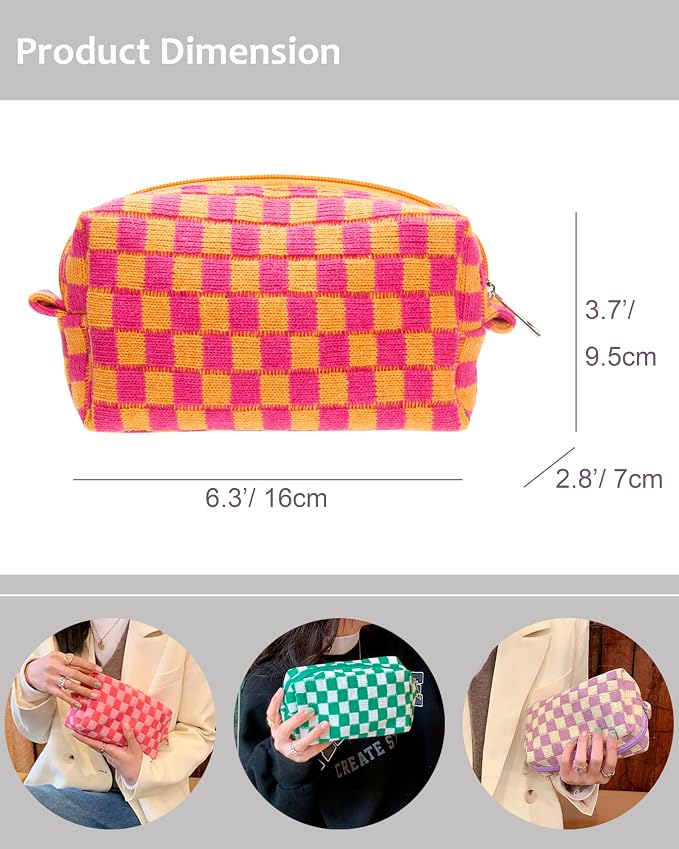 Checkered Makeup Bag for Purse, Small Travel Cosmetic Pouch,Red Orange | Cute Zipper Makeup Organizer for Women, Travel Essentials, Toiletries, Makeup Brushes, Beauty Accessories&Bridesmaid Gifts