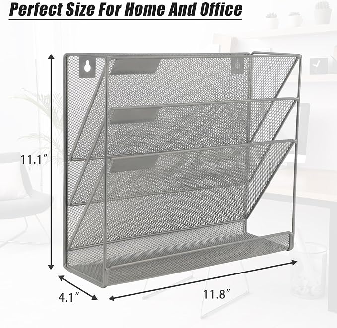 EASEPRES Desk File Organizer Mesh 4-Tier, Hanging Wall Mount Document Organization Stand, Desktop Vertical Mail Paper Folder Holder Rack with Bottom Tray for Office Home Cubicle Countertop, Gray