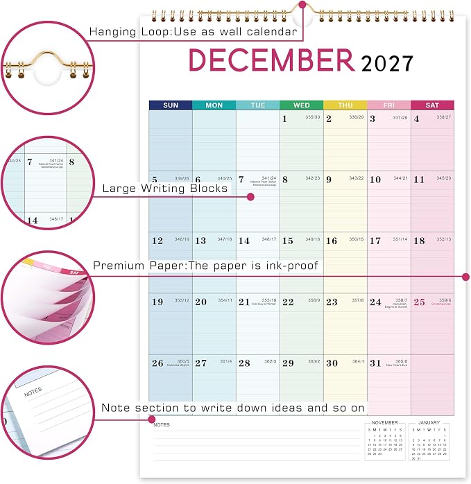 2027 Calendar - 2027 Wall Calendar, 12" x 17" | January 2027 - December 2027, 12 Monthly Calendar with Thick Paper, Hanging Hook - Colorful Lump