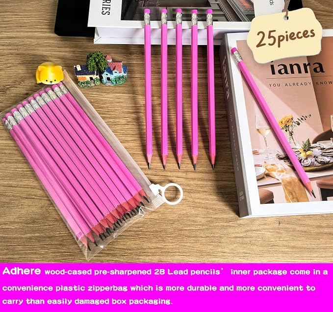 Adhere 25pcs Woodcase Pencils with Eraser Premium Pre-Sharpened Hexagon Graphite 2B pencils ideal for home, office writing including a Free Sharpener(Pink・25pcs)