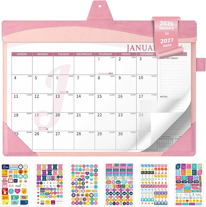 Ospelelf Desk Calendar 2026-2027 with Storage Pocket Protective Cover Large 12"x17" Leather Monthly Wall Planner Pad 18 Months January 2026 - June 2027 Pink