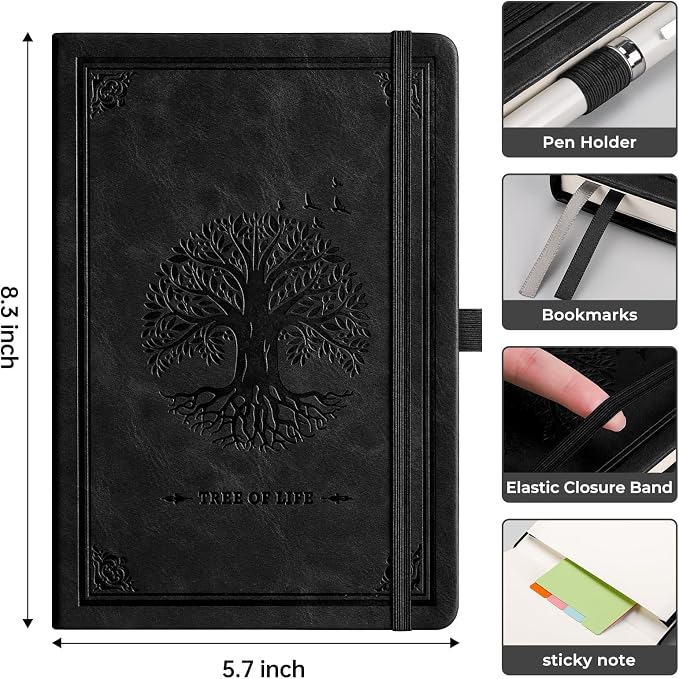 AHGXG Lined Journal Notebook, 192 Numbered Pages, A5 Size (5.7'' x 8.3'') | College Ruled Notebook for Men & Women, Writing, Work & Office, Leather Hardcover, 100 GSM Thick Paper (Black)