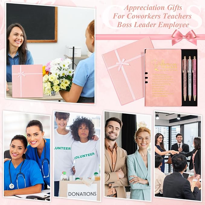 Thenshop 5 Pcs Difference Maker Gifts Journal with Pen Leather Notebook 3 Ballpoint Pens Box Thank You Gift for Nurse Boss Employee Coworker Teacher Volunteer Social Worker Assistant(Pink)