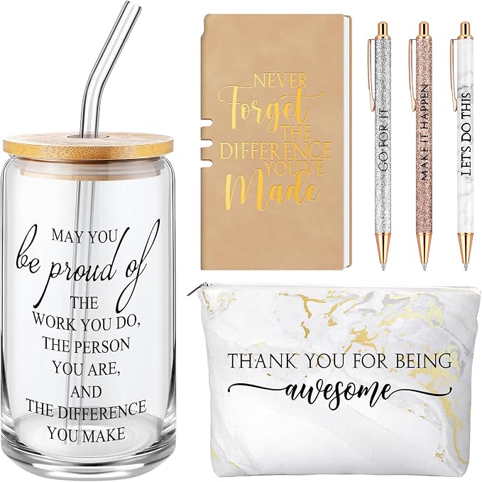 Funnymoom 6 Pcs Appreciation Gifts Set for Women Back to School Teacher Gifts Employee Thank You Gift with 17 oz Glass Tumbler Journal Pens and Pouch for Coworkers Educators,Marble,White