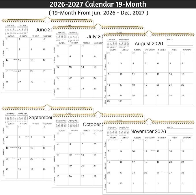 Wall Calendar 2026-2027 - June 2026 - December 2027, 19 Monthly Calendar 2026-2027, 14.6" x 11.42", with Large Daily Blocks, Thick Paper, Holidays, Week's Numbers＆ Notes, Minimalist Design