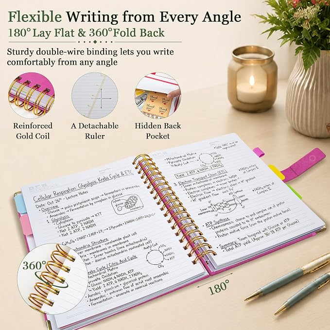 Hardcover Spiral Notebook 8''x 10'' College Ruled Notebook with Magnetic Closure, 300 Pages 5 Subject Notebooks with Pocket Dividers for Work School, B5 Leather Journal for Women, Men (Rose Purple)