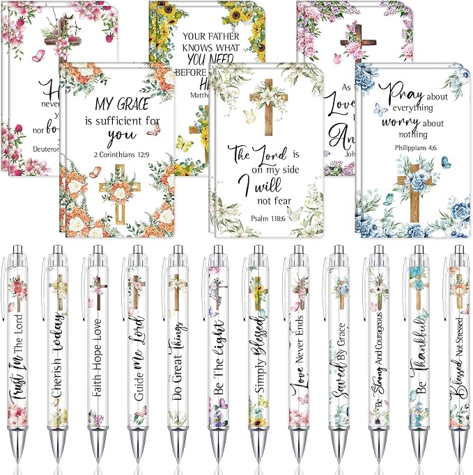 Colarr 12 Sets Christian Bulk Gifts for Women Bible Verse Pens Notebooks Religious VBS Scripture Ballpoint Pens Bookmarks Journal for Easter Sunday School Church Inspirational Supply(Cross)