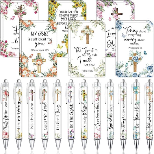 Colarr 12 Sets Christian Bulk Gifts for Women Bible Verse Pens Notebooks Religious VBS Scripture Ballpoint Pens Bookmarks Journal for Easter Sunday School Church Inspirational Supply(Cross)