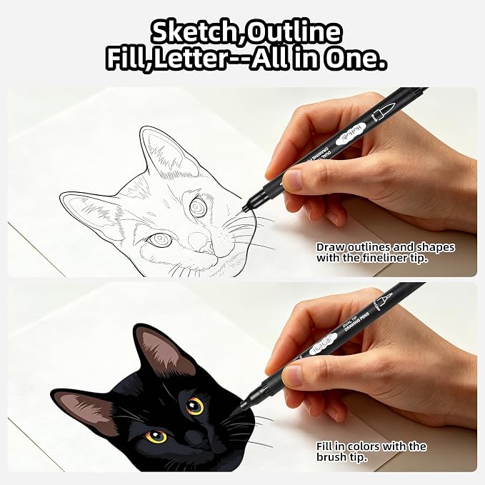 Dual Tip Black Drawing Pens,10 Pack Black Markers for Coloring,Dual Brush Pens with Fine Tip Markers for Art Drawing Sketching Calligraphy