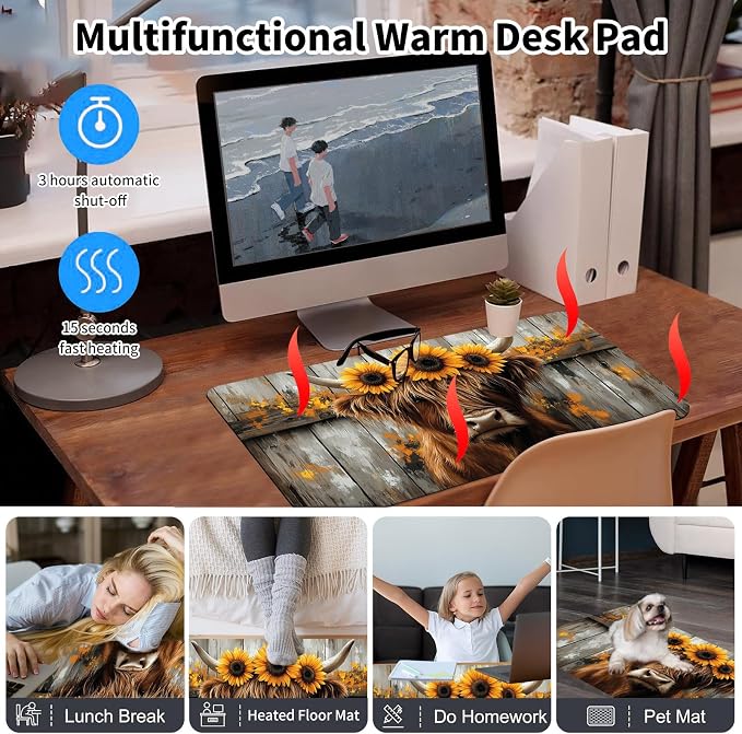 Heated Desk Pad Mouse Pad,Heated Desk Mat,with 3 Heating Levels & 3 Hours Auto Shut-Off,Leather 23.6"*14.2" Gaming Mouse Laptop Mat,Foot Warmer,Highland Cow Wood