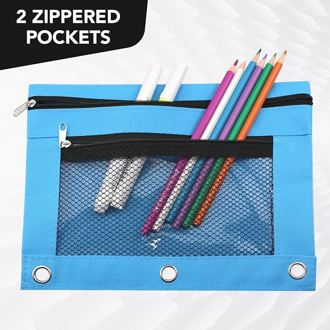 3 Ring Pencil Pouch for Binder, 2-Pocket Zipper Pencil Case with Clear Window & Mesh Pocket, 600D Oxford Fabric Binder Pouch for School Office Supplies, Fits Standard 3-Ring Binders, Sky Blue