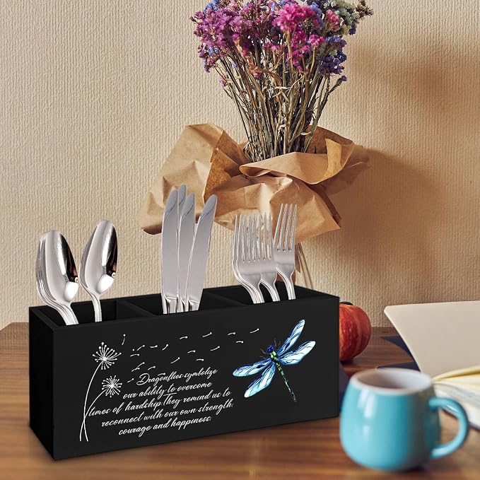 Dragonfly Dandelion Decorative Black Pencil Holder for Desk, Black Bookmark Holder Decor, Pen Caddy for Desk Decorative, Motivational Gifts for Women