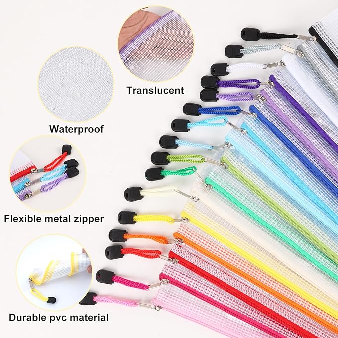 EOOUT Pencil Pouch 50pcs 9.5x4.5 Inches Small Mesh Zipper Pouch in 15 Colors for Bill Travel Tickets Storage and Office Supplies Storage