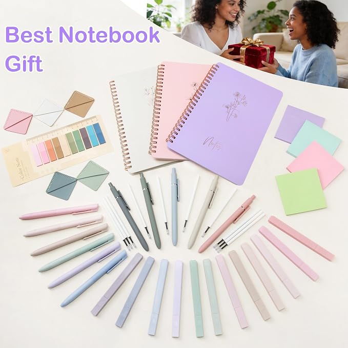 Tuhangcc 47PCS Aesthetic School Supplies, Cute Stationary Set Unique Color A5 Spiral Notebooks Highlighters, Sticky Notes & Bookmark Sticky Index Tabs 5 Gel Pen for Work Office Supplies (Purple)