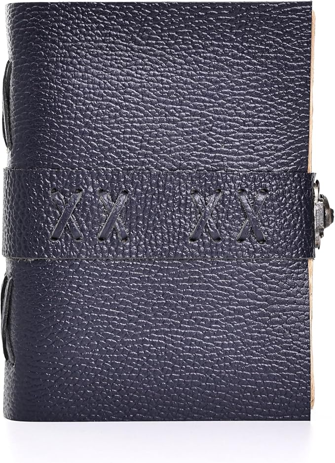 Leather Bound Vintage Journal for Women & Men – Book of Shadows – Lock Closure – 200 Pages of Antique Deckle Edges Handmade Paper (Italian Blue, 7 x 5 inches)