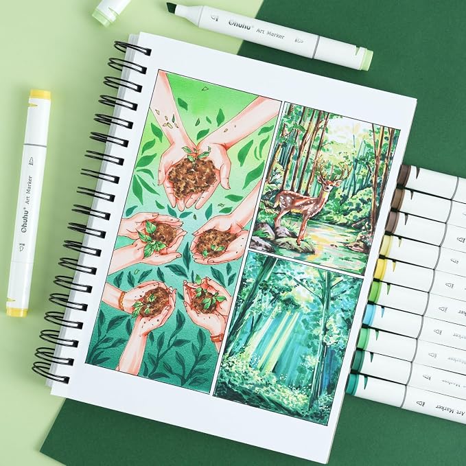 Ohuhu Double-Sided Marker Pad Art Sketchbook Bleedproof - 7"x10" Large Paper Size - 90 LB/150 GSM Smooth Drawing Paper - 60 Sheets/120 Pages - Spiral Bound Sketching Book for Alcohol Markers