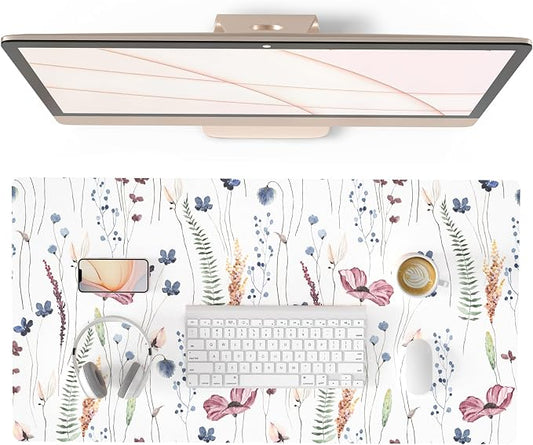 QIYI Large Mouse Pad, Cute Flower Desk Mat for Desktop, Women Girls Floral Office Décor Accessories, PU Leather Waterproof Big Gaming Mousepad, Wildflowers Desk Pad Computer Mat, 31.5" x 15.7"