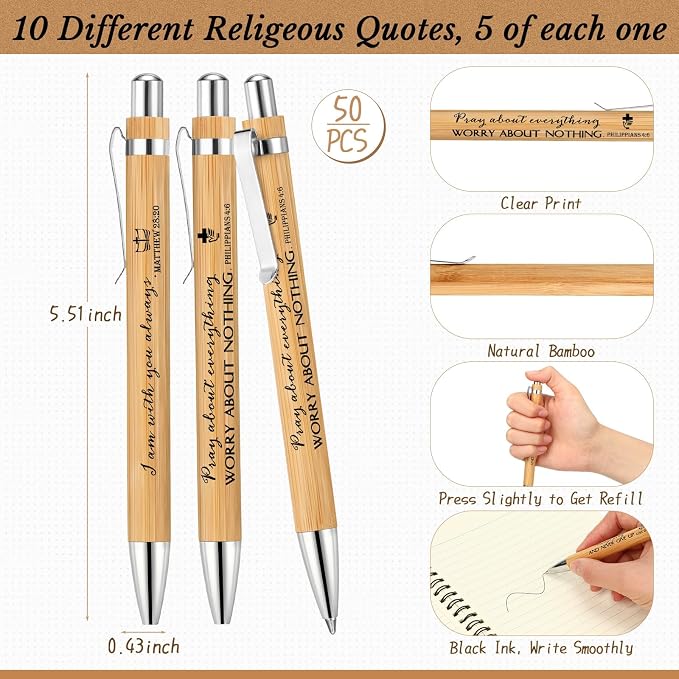 Kosiz 100 Pcs/ 50 Set Christian Gift Bulk A5 Spiral Notebook 5.5"x8.3" Christian Prayer Journal Bible Ballpoint Pen Religious Gift for Women Sunday School Church Member Back to School Gifts (Brown)