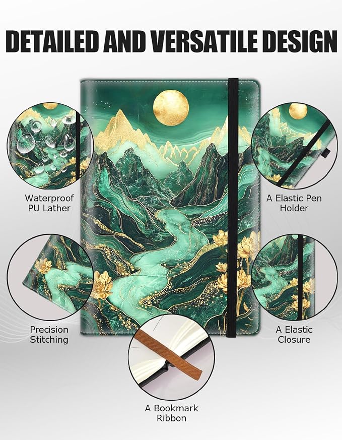 Hardcover Executive Notebooks, A5 PU Leather Lined Journal Notebook, 200 Pages Thick Paper Subject Notebooks for School,Work,Home Writing Business Notebook, Diary Book ，Green Mountain Landscape