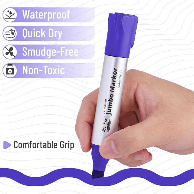 Mr. Pen- Jumbo Permanent Markers, 4 Pack, Purple, Chisel Tip, Wide Tip | Large, Thick Permanent Markers for Canvas, Posters Board, Fabric, Window, Glass, Wood, Waterproof, Quick Dry