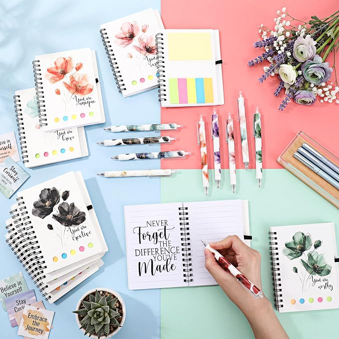 Watersay 10 Set First Day of School Gift for Teacher Students Bulk Inspirational Notebooks with Thank You Pens Back to School Employee Coworkers Staff Appreciation Gifts (Stylish Froal)