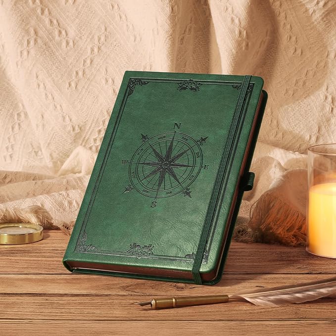 AHGXG Thick Lined Notebook, 320 Numbered Pages, A5 (5.75'' X 8.38'') | College Ruled Journal, Vintage Leather Hardcover, 100gsm Paper, for Men Women Work Office School (Dark green)