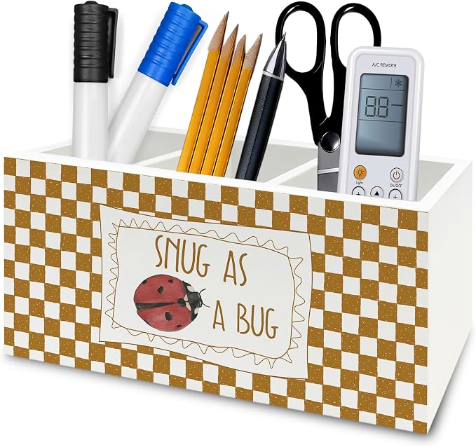 Ladybug Decor Pen Pencil Holder Organizer for Desk, Snug as a Bug Insect Orange Checkered Wooden Box Signs Decorations for Kids Boys Girls Room Bedroom Classroom Desk Tabletop, Ladybug Gifts
