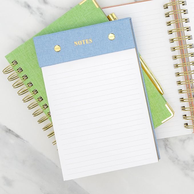 ELYN Lined Notepad, Aesthetic Linen Memo Pad With Matching Gold Gel Pen, 125 Sheets, 8.1 x 5.3 in - 100 GSM Premium Thick Paper, Perforated Pages & Hard Linen Backing, For Work, School or Home (Linen)