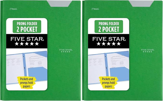 Five Star 2-Pocket Folder, Plastic Folder with Stay-Put Tabs and Prong Fasteners, Holds 8-1/2" x 11" Paper, Forest Green (72111) (Pack of 2)