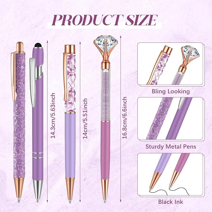 Sabary 8 Pcs Violet Pens with Pen Holder for Desk Glitter Crystal Diamond Cute Ballpoint Fancy Pencil Holder Bling Desk Organizer for Women Girls School Office Supplies Wedding Graduation Gifts