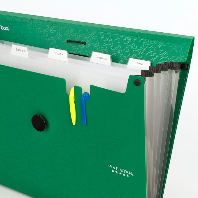Five Star Expanding File Organizer, 6-Pocket Accordian File Organizer, Bungee Closure, Holds 8-1/2" x 11" Paper, Forest Green (350100D-ECM) (Pack of 6)
