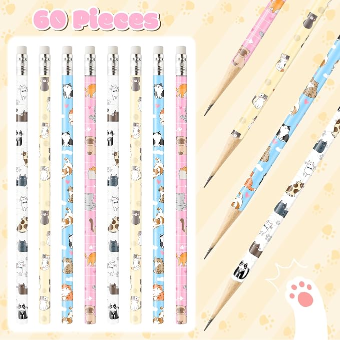 Xqumoi 60Pcs Cat Pencils with Erasers - Kawaii Cat Themed #2 HB Wooden Cute Pencils in Bulk Birthday Party Favors Classroom Student Rewards Goodie Bag Fillers Stuffers Back to School Gift