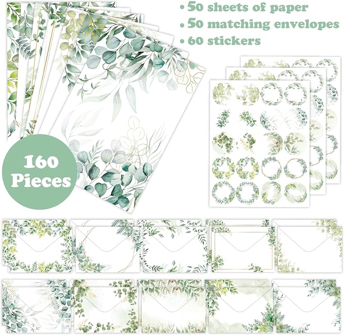 Stationery Paper Envelopes Set 160 Pcs - 50 Lined Writing Paper, 50 Envelopes, 60 Dot Stickers, Vintage/Floral/Leaf/Watercolor Multi-Style Options (STATIONERY-160PCS-LEAF)
