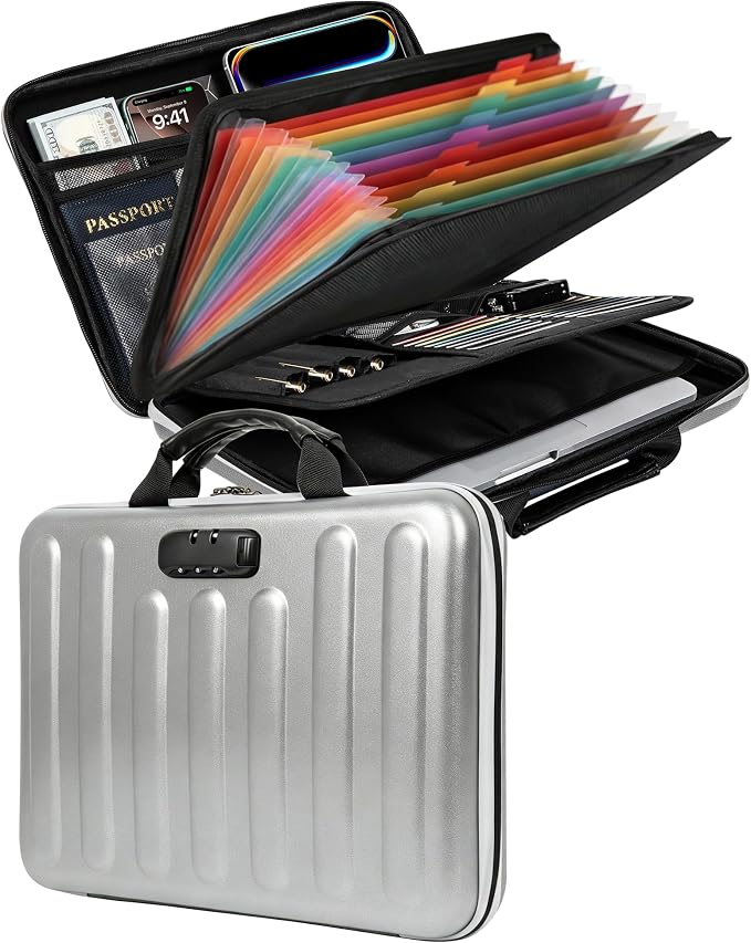 DOZAWA Fireproof Document Box, Waterproof Hard File Organizer with Lock | UL-94 VTM-0 certified 8-layer document box withstands up to 5200°F, featuring waterproof zippers, silver