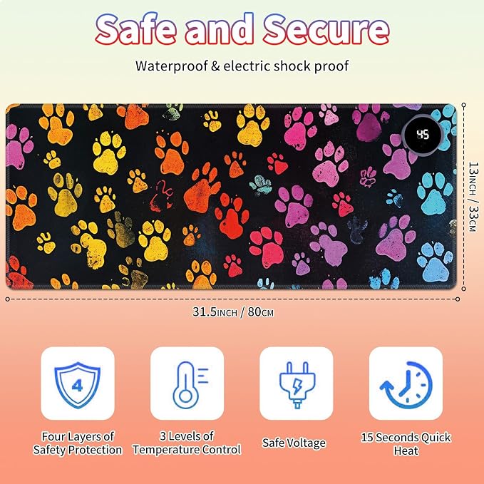 Heated Desk Pad Large Mouse Pad 31.5 x 13 inch with 3 Levels Heating & Auto Shut-Off Warm Mouse pad PU Leather Computer Mousepad for Home Office Work - Colorful Dog Paw