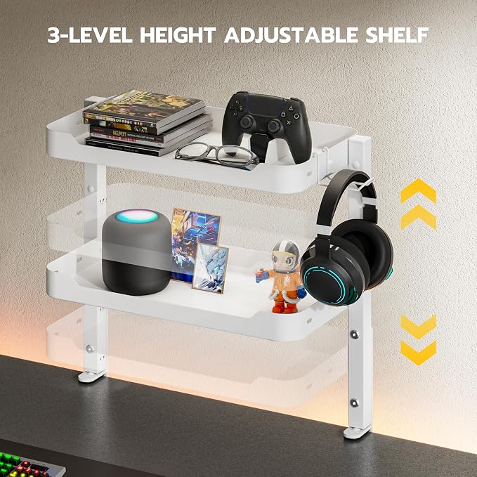 ARES WING 2-Tier 16 inch Clamp On Desk Shelf, Above or Under Desk Storage | Adjustable Desktop Organizer Shlef Holds 66 lbs Heavy Duty, with Headphone Holder for Working and Gaming Accessories, White