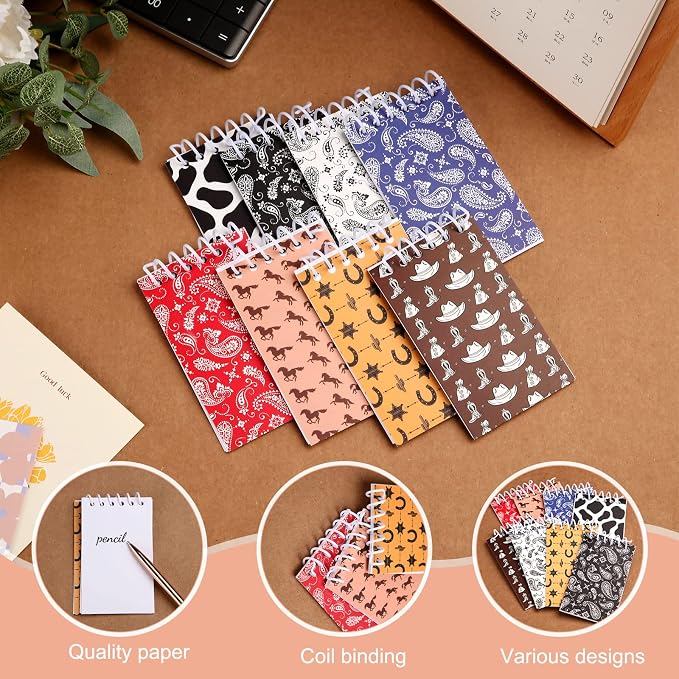 Teling 24 Pcs Western Cowboy Cowgirl Party Favors Spiral Notebooks, 8 Styles Country Style Small Notepads, Mini Decorative Memo Pads West-themed Stationery, Country-style Decor, Themed Party Supplies