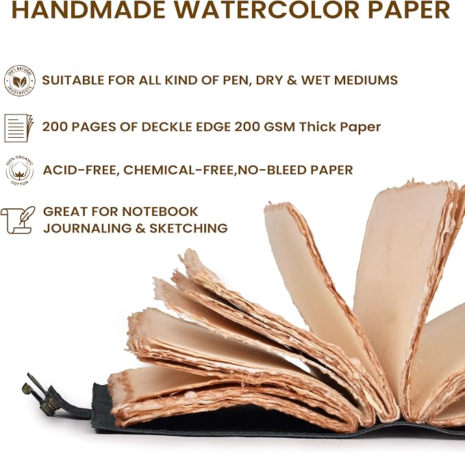 LEATHER VILLAGE Leather Bound Vintage Journal for Women & Men - Book of Shadows - Lock Closure - 200 Pages of Antique Deckle Edges Handmade Watercolor Paper - Rustic Black - 13X8 inches