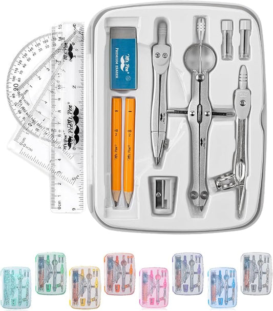Mr. Pen- Geometry Set, 13 pcs, 3 Metal Compasses, Protractor, 6" Ruler | 45° & 30°/60° Set Squares, Pencils, Lead Refills, Sharpener & Eraser for Math, Drafting & Classroom Use | 45° & 30°/60° Set Squares, Pencils, Lead Refills, Sharpener & Eraser for ...