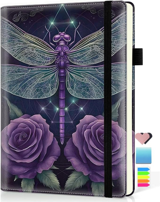 Hardcover Executive Notebooks, A5 PU Leather Lined Journal Notebook, 200 Pages Thick Paper Subject Notebooks for School,Work,Home Writing Business Notebook, Diary Book, Purple Dragonfly 2