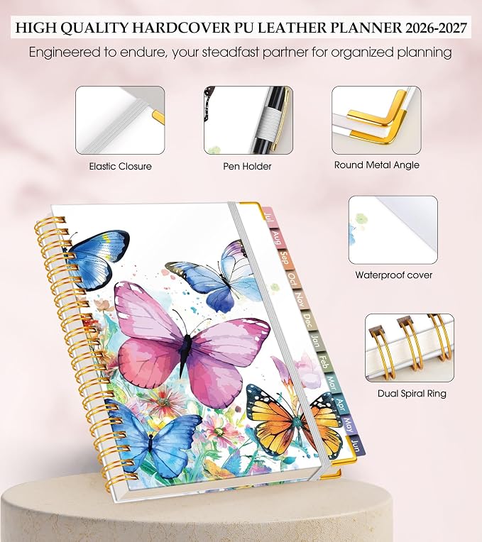 Academic Planner 2026-2027, Hardcover Leather Weekly and Monthly Calendar Planner from July 2026 - June 2027, A5 6.1" x 8.2" Daily Agenda with Tabs, College School Organizer for Student Teacher, Butterflies in the Blooms
