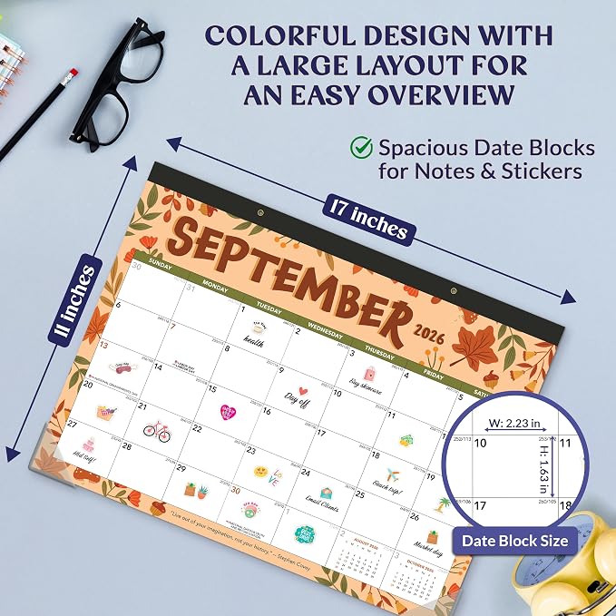 Decorably 18 Months Colorful Assorted Academic Desk Calendar 2026-2027 January 2026 to June 2027, 11x17in Easy Tear-Off Sheets with Inspirational Quotes & Stickers for Office, Home & School